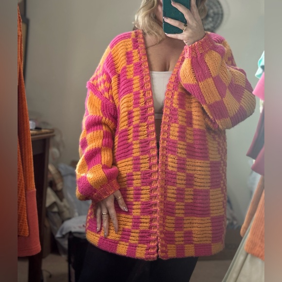 BiBi Sweaters - BiBi Pink and Orange Checkered Cardigan